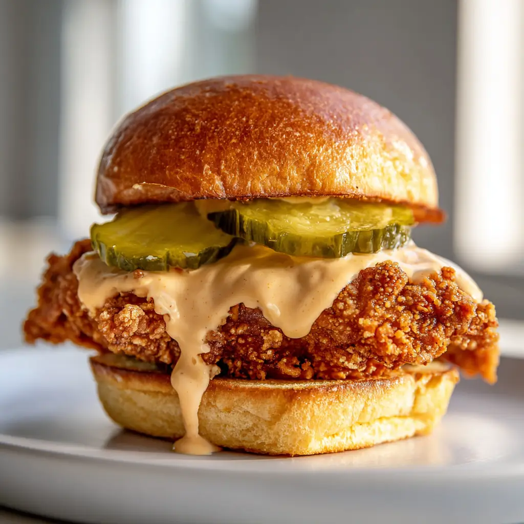 Fried chicken slider generously coated in a thick, creamy pale orange sauce with green dill pickles.
