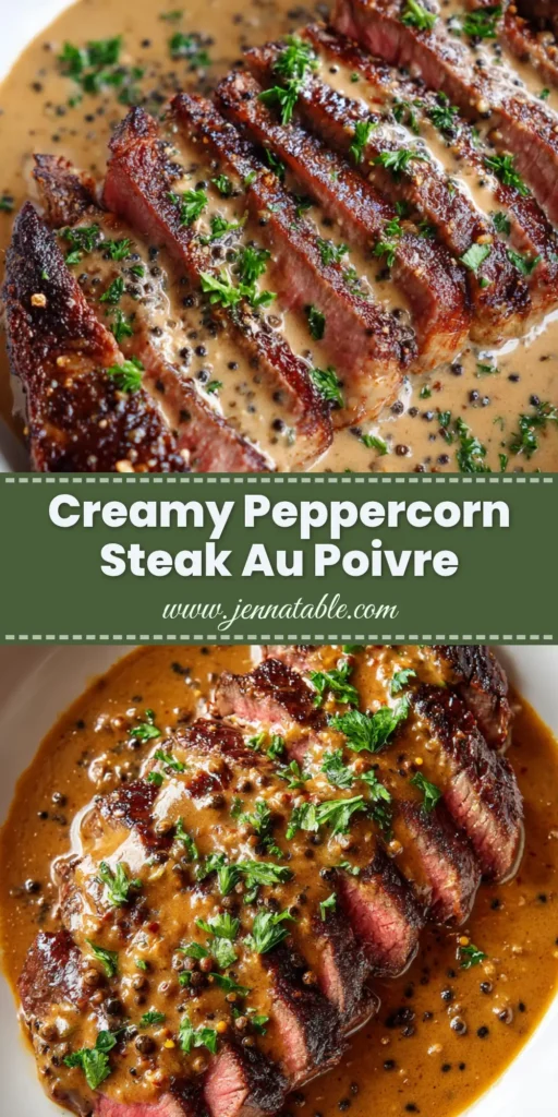 A close-up overhead shot of a perfectly cooked Steak Au Poivre, sliced to reveal a pink medium-rare interior. The steak is generously covered in a thick, glossy, peppercorn-flecked cognac cream sauce and garnished with fresh parsley.