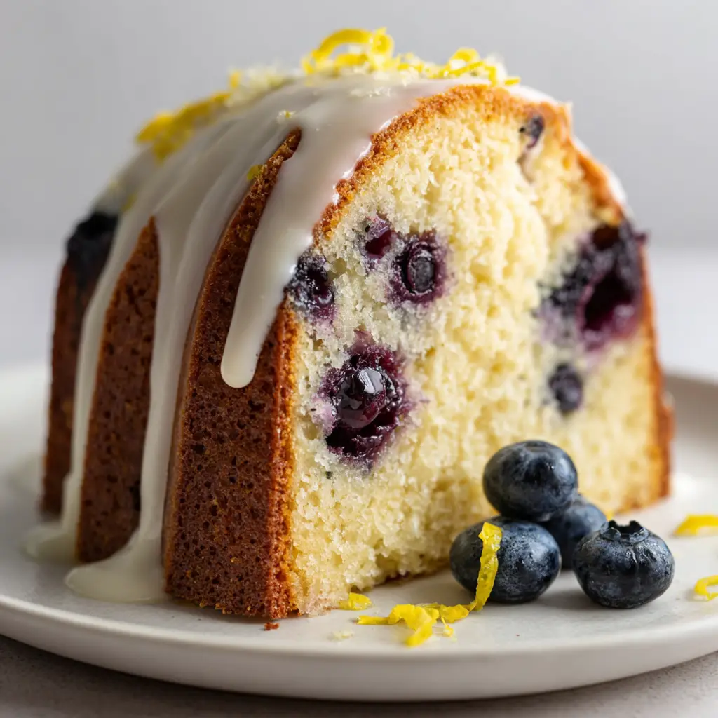 A close-up view of the thick, opaque white lemon icing glaze dripping down the side of a golden-brown pound cake crust.