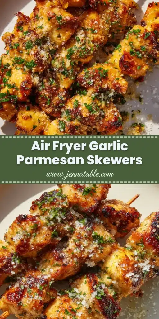 A sharable pin image showing three golden-brown chicken skewers on a plate, coated in a garlic parmesan sauce. (Air Fryer Garlic Parmesan Chicken Skewers)