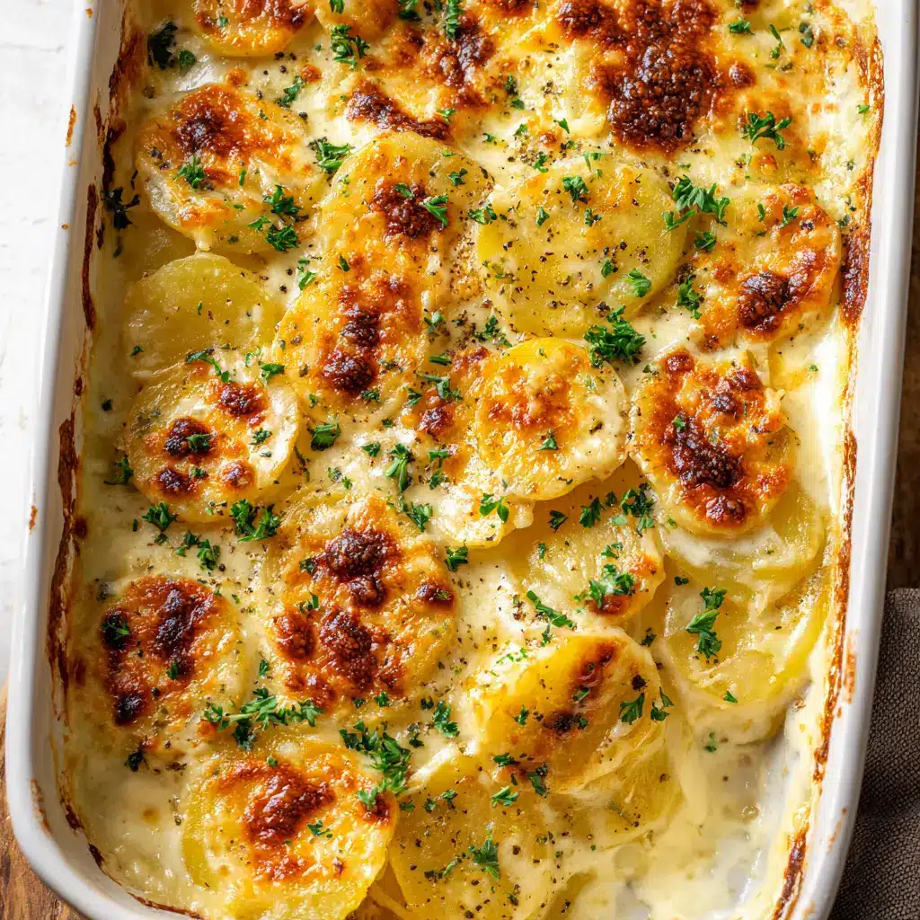 A detailed overhead view of the crispy melted cheddar and gruyere cheese crust on a dish of homemade scalloped potatoes.