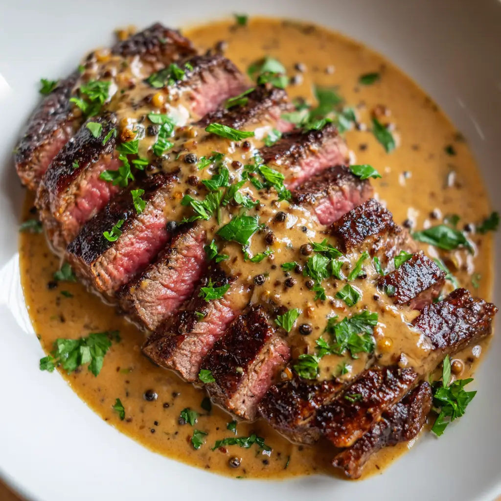 An angled close-up of sliced Steak Au Poivre, highlighting the glossy texture of the thick cognac cream sauce and the vibrant green of the parsley garnish.
