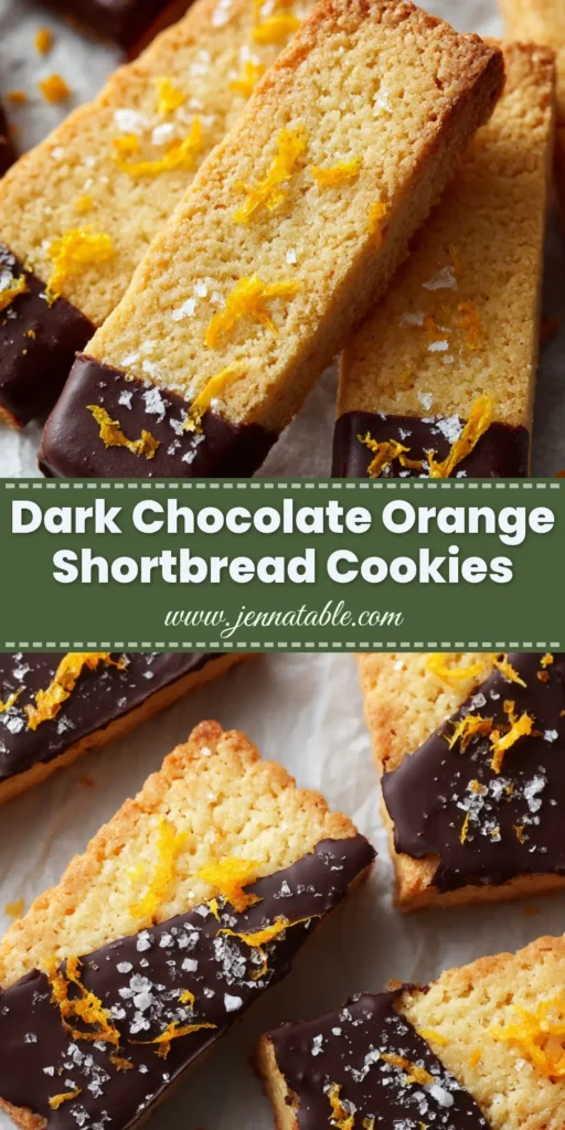 A close-up of rectangular dark chocolate orange shortbread cookies arranged on parchment paper. The bottom half of each cookie is dipped in dark chocolate and sprinkled with orange zest and sea salt.