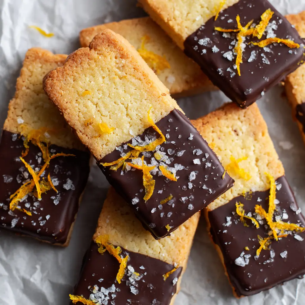 An overhead view of freshly baked rectangular shortbread cookies being dipped in a bowl of melted dark chocolate, with orange zest and sea salt ready for sprinkling.