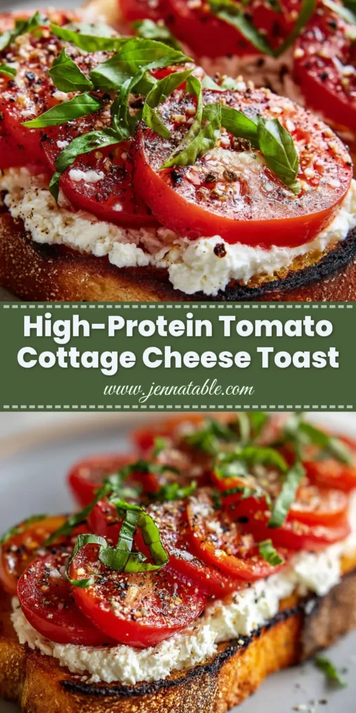 A visually appealing slice of savory Cottage Cheese Toast, featuring thick sourdough, creamy cheese, fresh red tomatoes, and basil garnish, presented for a Pinterest pin.