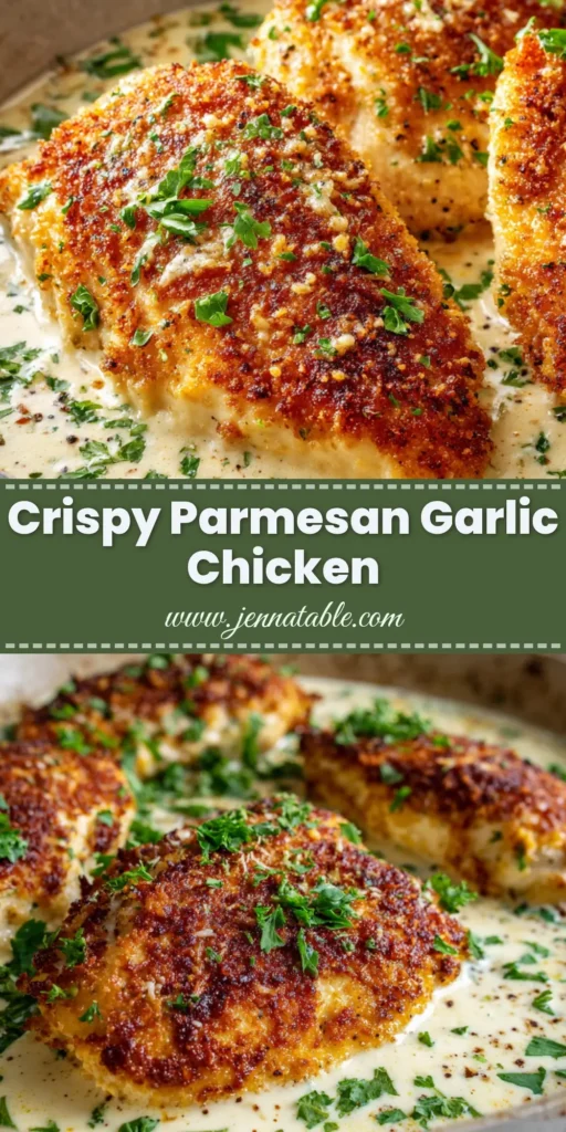 Parmesan Crusted Chicken resting in a rustic skillet with a creamy garlic sauce and fresh parsley. A perfect weeknight dinner recipe.