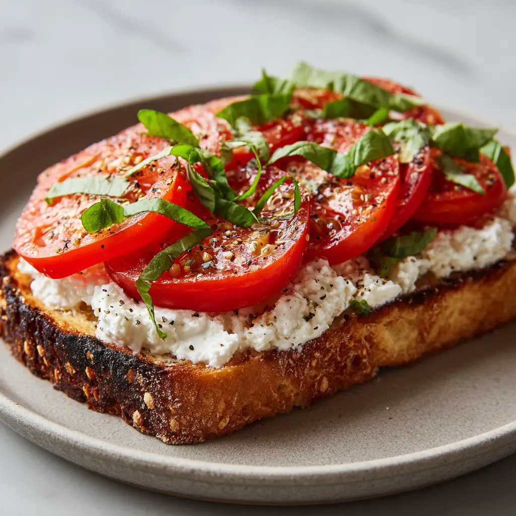 A close-up of a finished Cottage Cheese Toast on a matte ceramic plate. The toast has a golden crust, a thick layer of chunky cottage cheese, sliced tomatoes, coarse black pepper, and fresh basil.