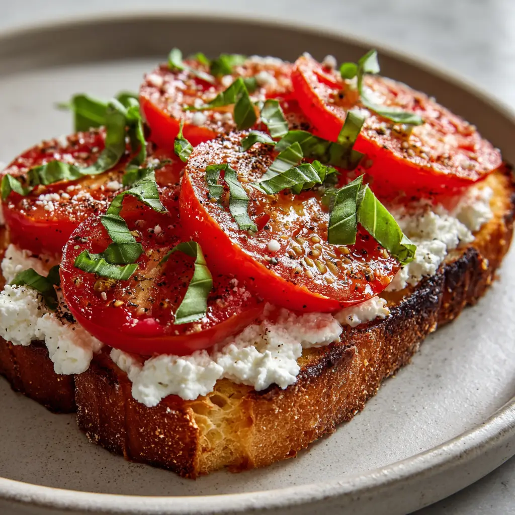 An overhead shot of the assembled Cottage Cheese Toast, highlighting the vibrant red tomatoes, flaky sea salt, and fresh basil ribbons.