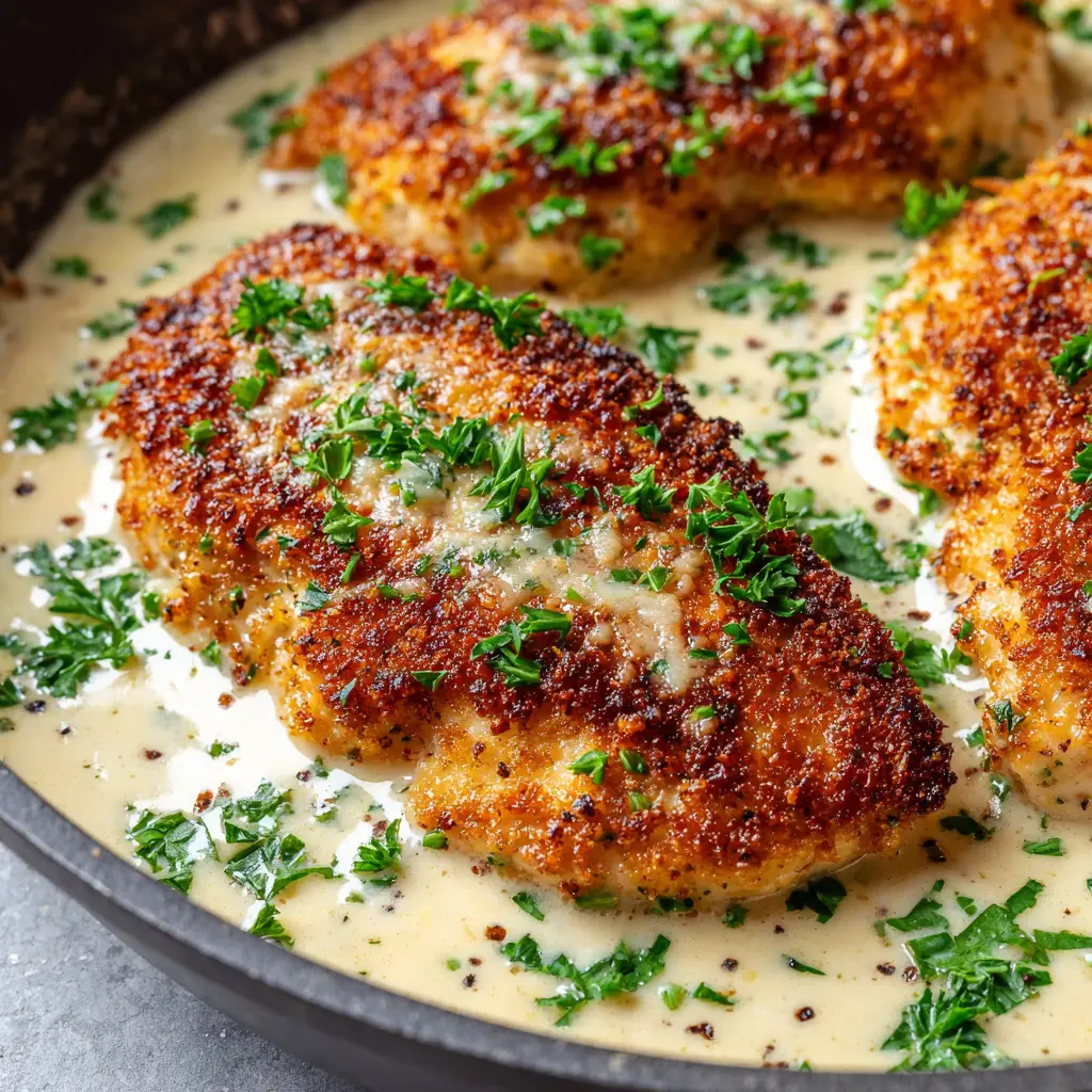 A rustic skillet holding perfectly cooked Parmesan Crusted Chicken, garnished with fresh parsley and a visible cracked black pepper sprinkle.