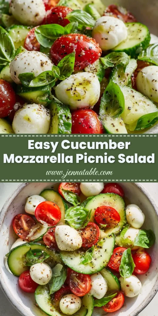 A top-down view of a fresh Cucumber Mozzarella Salad in a rustic white bowl, ready to be served.