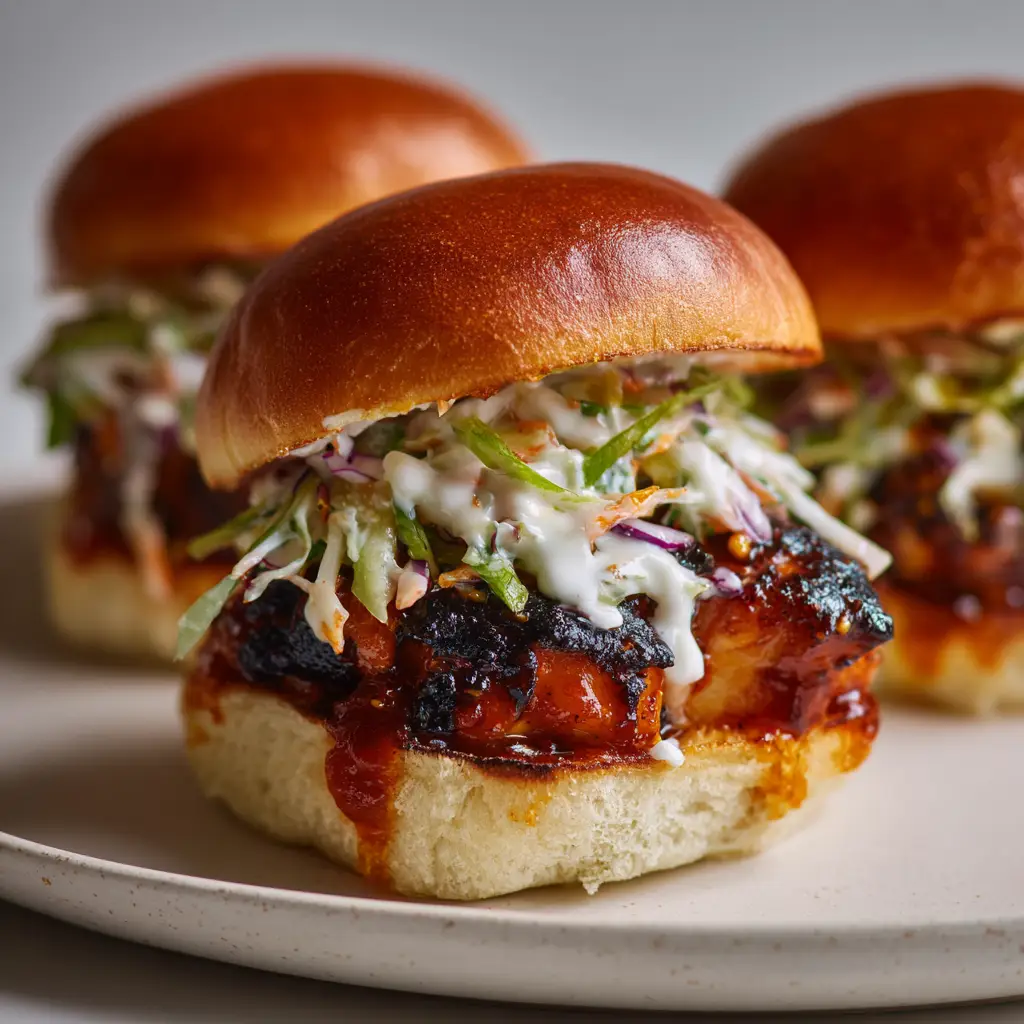Soft daylight illuminating a glistening top brioche slider bun resting gently over creamy cabbage coleslaw and charred chicken.