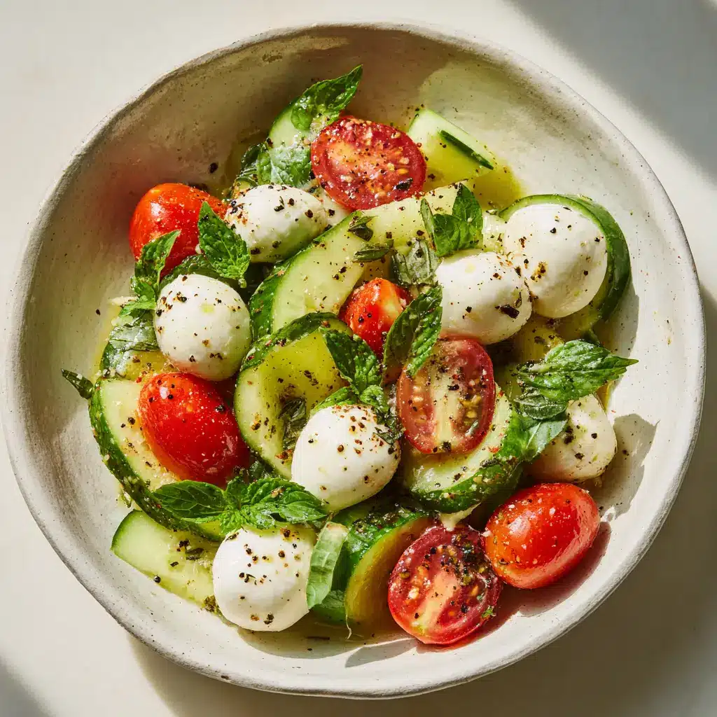 A fresh Cucumber Mozzarella Salad highlighting the texture of torn basil, flaky sea salt, and coarse black pepper.