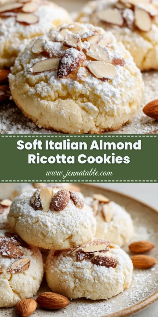 A shareable pin image of soft, pale Italian Almond Ricotta Cookies on a rustic plate, topped with toasted sliced almonds and a generous dusting of powdered sugar.