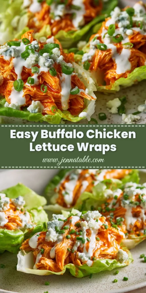 A close-up, handheld photo of vibrant Buffalo Chicken Lettuce Wraps on a rustic plate. Crisp lettuce holds saucy shredded chicken, drizzled with blue cheese dressing and topped with chives.