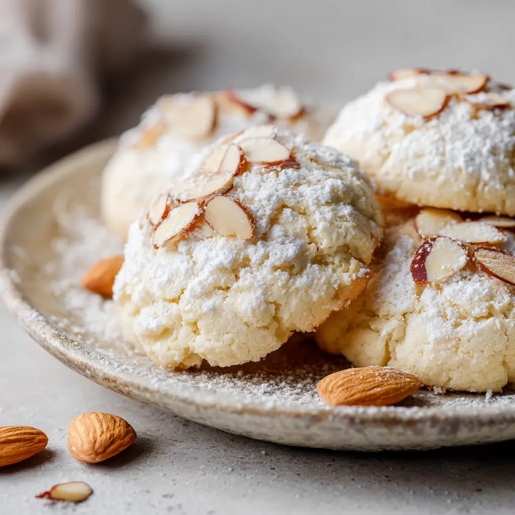 A plate of finished Italian Almond Ricotta Cookies, dusted generously with powdered sugar and garnished with loose sliced almonds, as seen from a natural, handheld perspective.