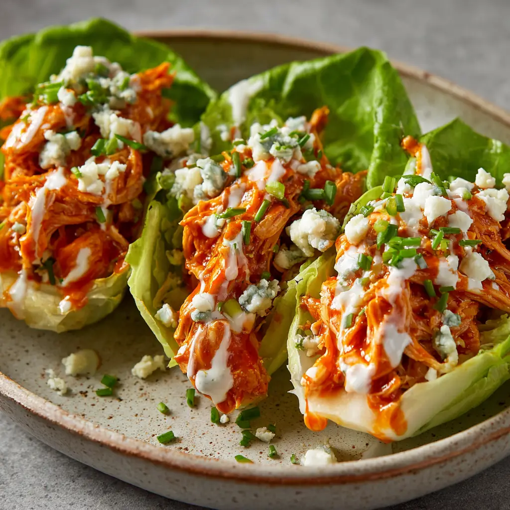 A side profile of a single Buffalo Chicken Lettuce Wrap, showing the layers of tender chicken, creamy dressing, and fresh toppings in a crisp butter lettuce cup.