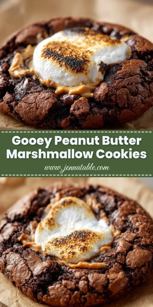 A thick, fudgy chocolate peanut butter marshmallow cookie with a perfectly toasted marshmallow center on crinkled parchment paper. (Chocolate Peanut Butter Marshmallow Cookies)