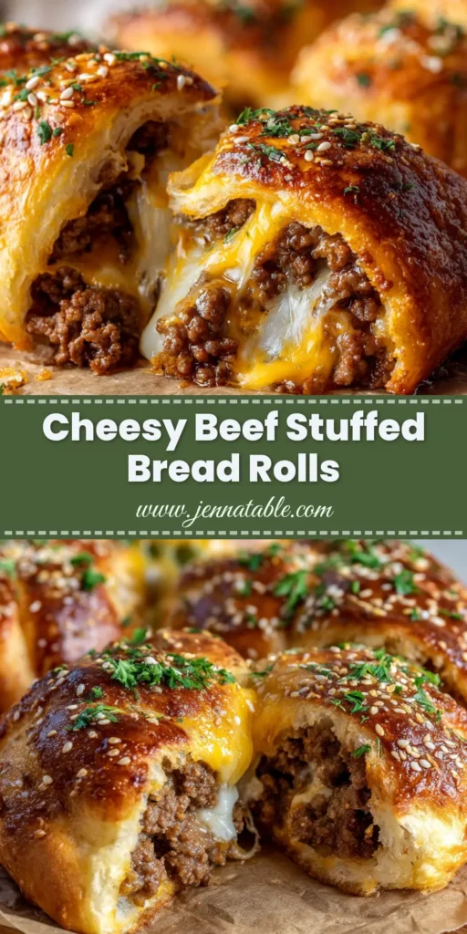A close up of Cheesy Ground Beef Stuffed Rolls being pulled apart, revealing a gooey cheese and savory beef filling. The rolls are golden brown and topped with parsley.