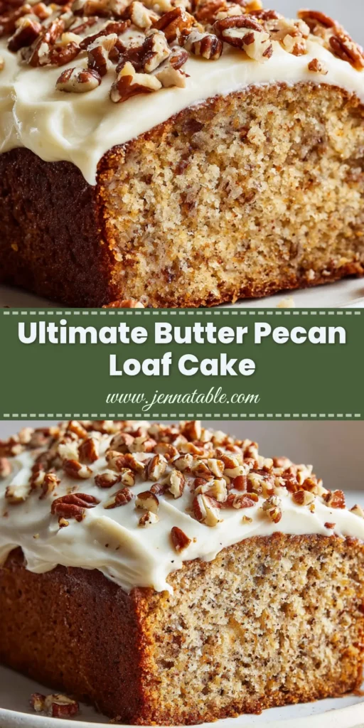 A beautiful Butter Pecan Loaf Cake topped with thick cream cheese icing and dry-roasted pecans, ready to be sliced.