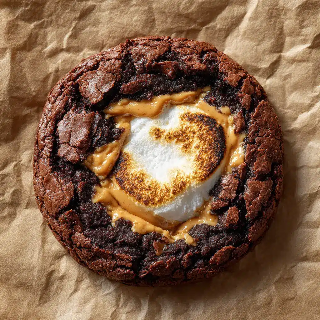 Side view of a thick, bakery-style chocolate peanut butter marshmallow cookie, showing its impressive height and gooey marshmallow topping.
