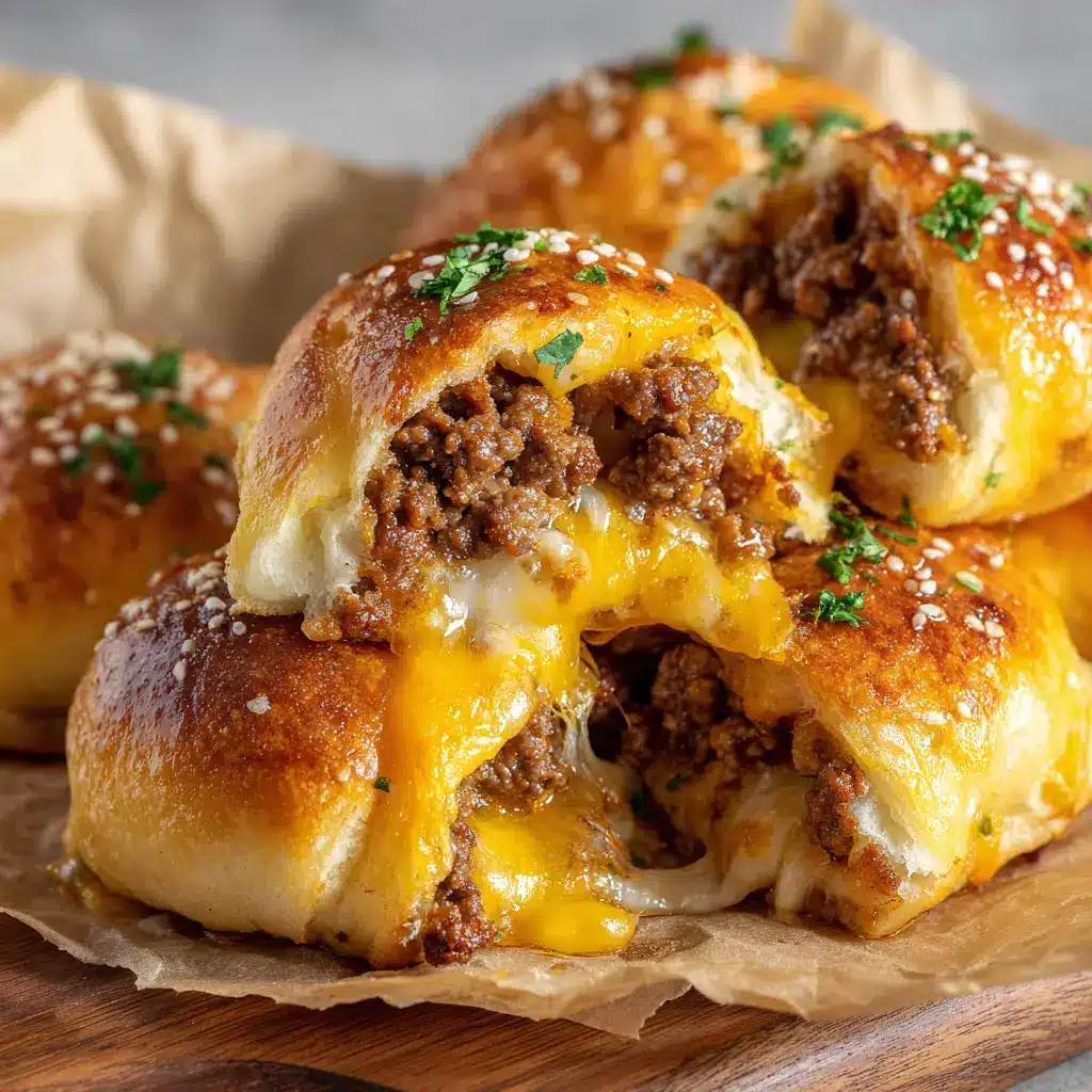 Assembling the Cheesy Ground Beef Stuffed Rolls before baking, showing the process of filling the dough with the beef and cheese mixture.