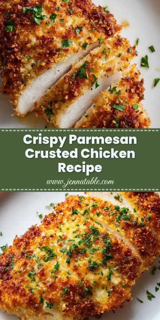 A single piece of Parmesan Crusted Chicken on a white plate, cut to show the juicy white meat inside. The crust is thick, golden-brown, and speckled with parsley.
