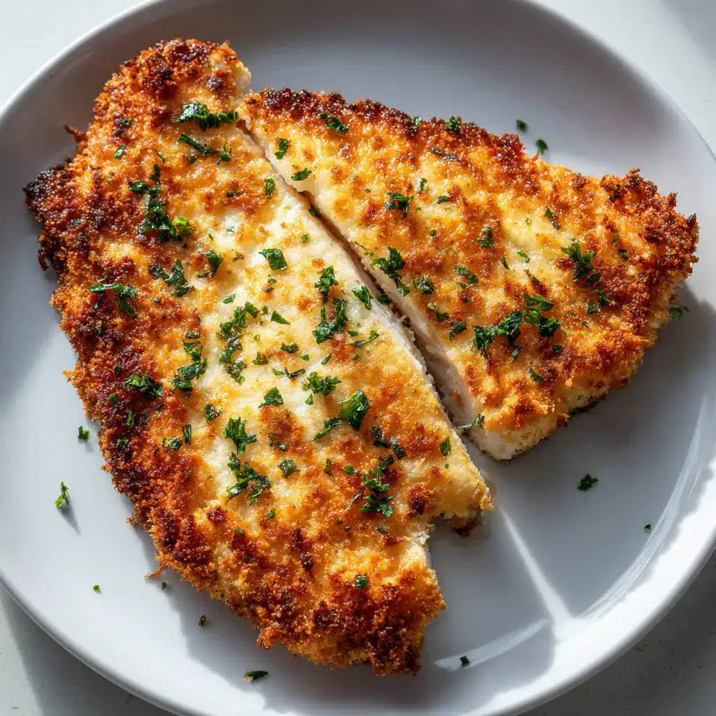 A piece of Parmesan Crusted Chicken cut in half, revealing the tender and white chicken meat against the thick, crispy golden crust.