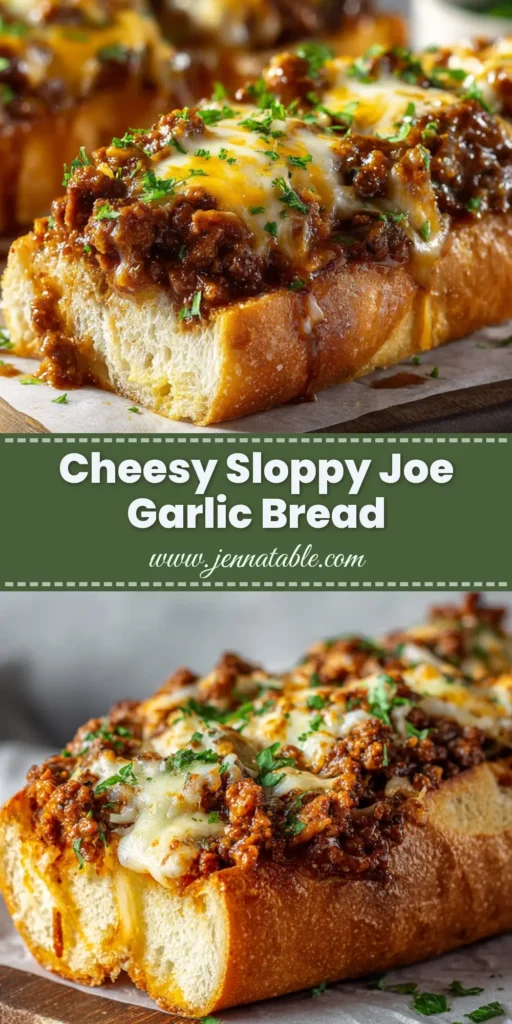 A close-up shot of Cheesy Sloppy Joe Garlic Bread on a wooden board. The crusty bread is topped with a savory ground beef mixture and covered in melted, blistered mozzarella and cheddar cheese, garnished with fresh parsley.