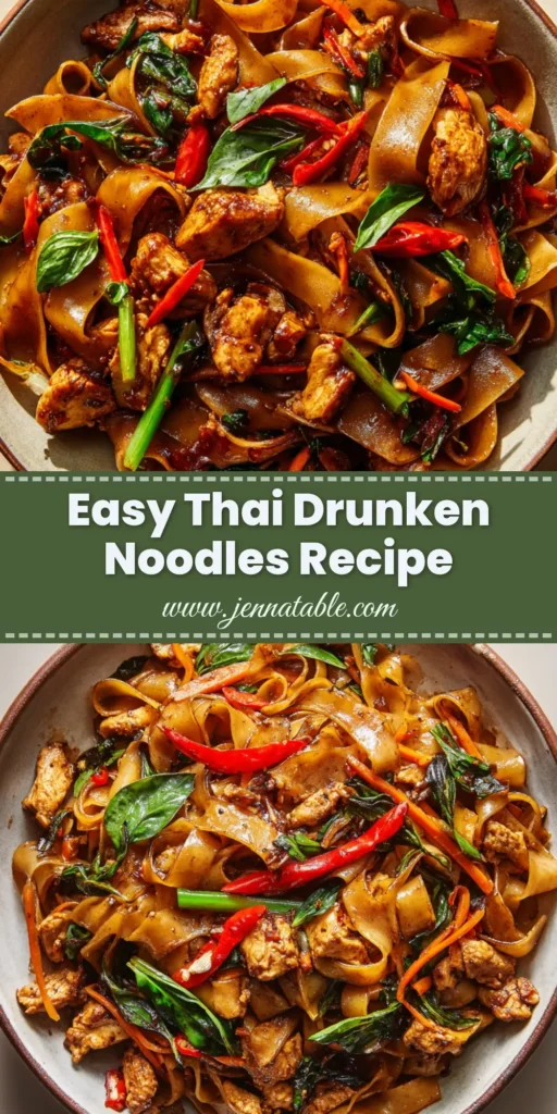 A close-up overhead shot of Thai Drunken Noodles in a rustic ceramic bowl, showcasing wide noodles in a dark, glossy sauce with chicken, red chilies, and Thai basil.