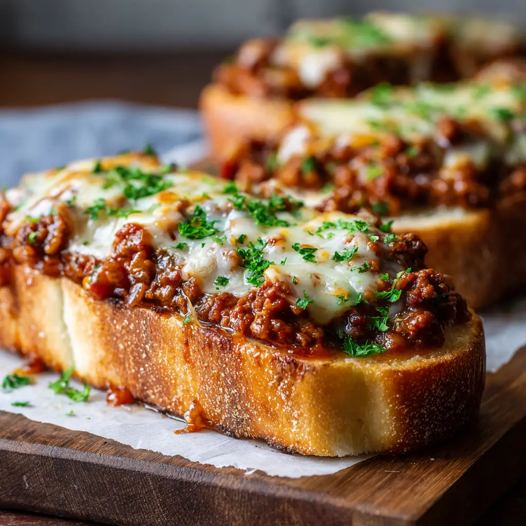 An overhead shot of assembled Cheesy Sloppy Joe Garlic Bread before it goes into the oven, with all layers visible on a piece of parchment paper.