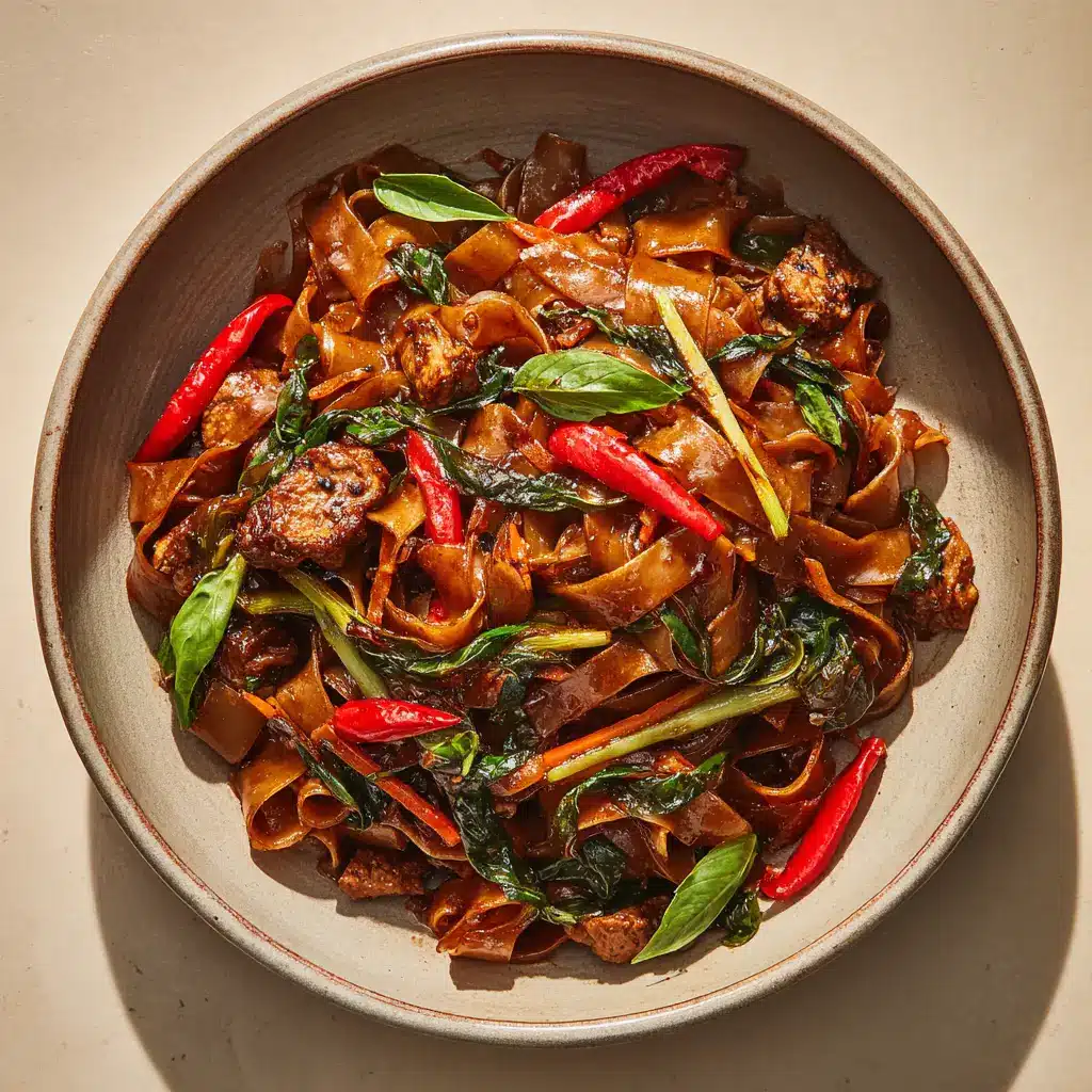 A detailed close-up of Thai Drunken Noodles, focusing on the texture of the charred noodles, bright red sliced chilies, and wilted Thai basil leaves.