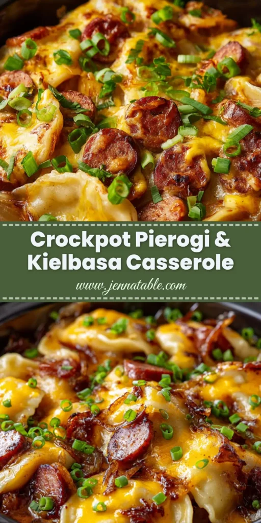 A shareable pin image for a cheesy Crockpot Pierogi Casserole with kielbasa and onions.