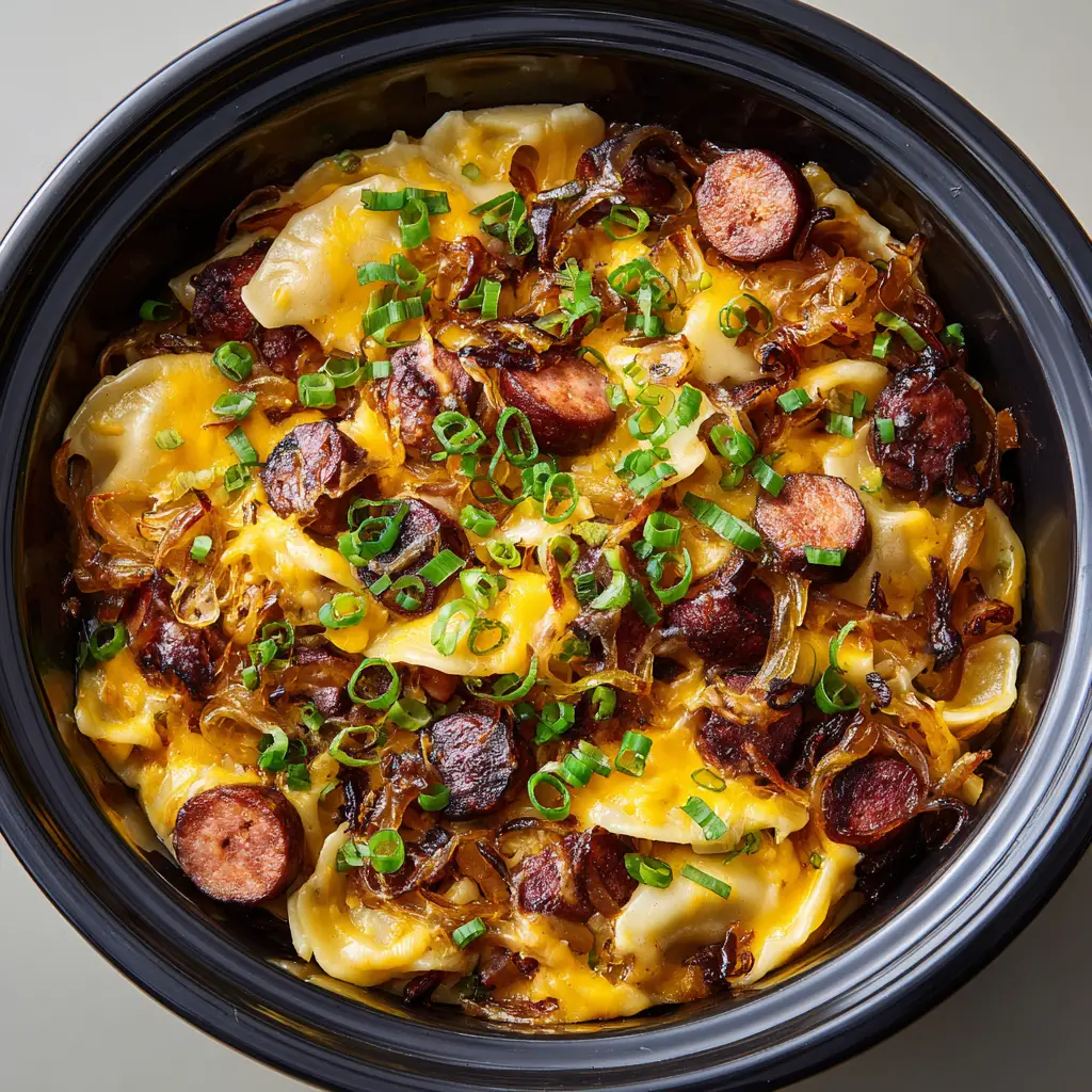 Side-view of the Crockpot Pierogi Casserole, showing the layers of plump pierogies, diagonal slices of browned sausage, and caramelized onions under the melted cheese.