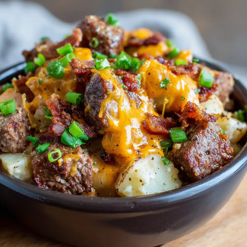 A serving of loaded Crockpot Steak and Potatoes garnished with crumbled bacon bits and finely chopped fresh green onions.