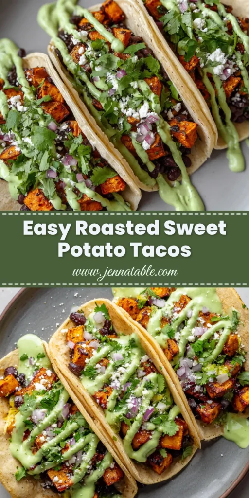 Three soft corn tortillas filled with whole black beans, blistered sweet potatoes, and avocado crema. (Roasted Sweet Potato Tacos)
