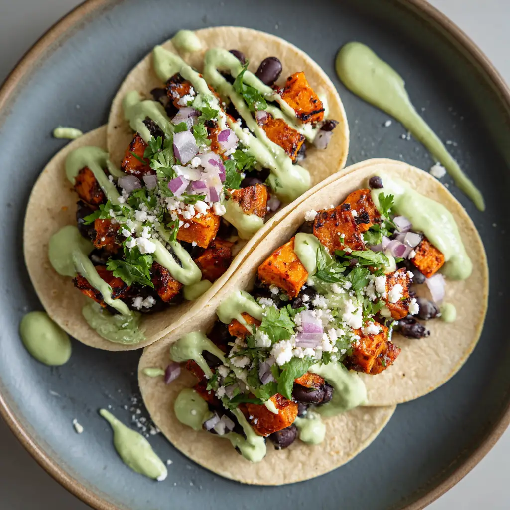 Pale green avocado crema generously drizzled over black beans and sweet potatoes, garnished with cilantro and cotija.