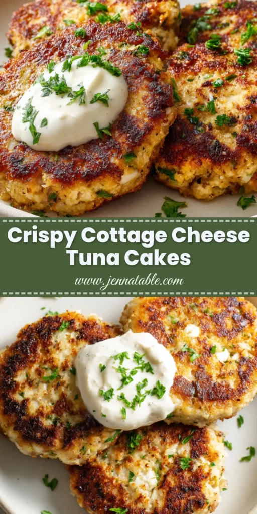A close-up shot of three thick, round pan-seared Cottage Cheese Tuna Cakes resting on a matte white ceramic plate with a dollop of creamy white dipping sauce.