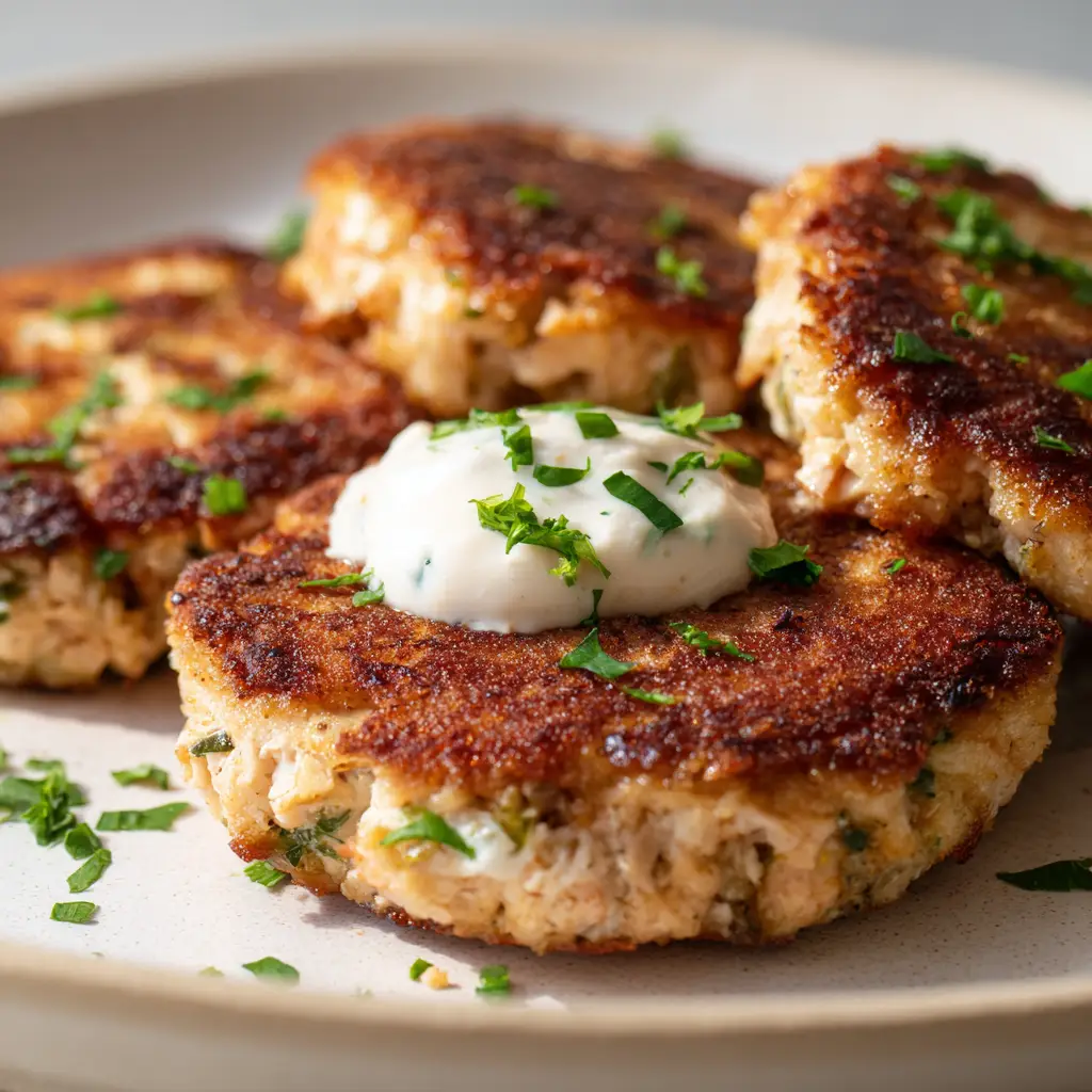 Detailed view of the golden-brown seared crust and visible flakes of cooked light tuna in Cottage Cheese Tuna Cakes.