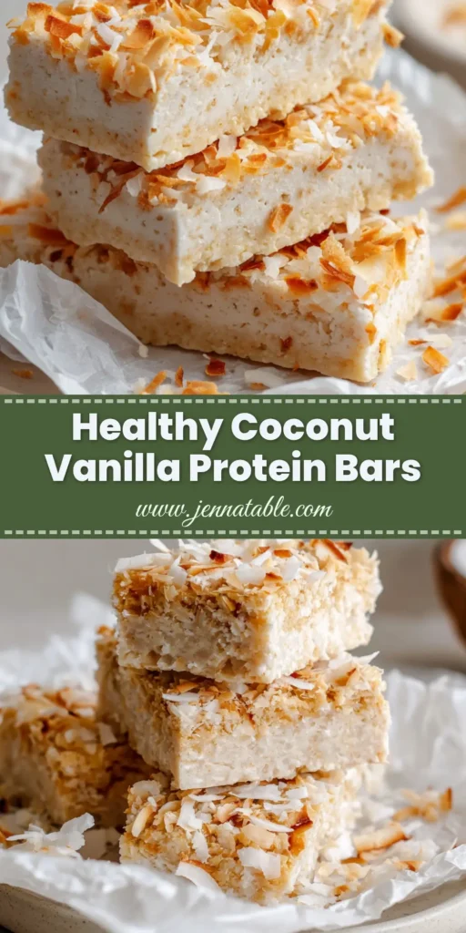A stack of three rectangular homemade Coconut Vanilla Protein Bars on crumpled white parchment paper. The bars feature a pale cream-colored base mixed with fine white coconut shreds and are topped with golden-brown toasted coconut flakes.