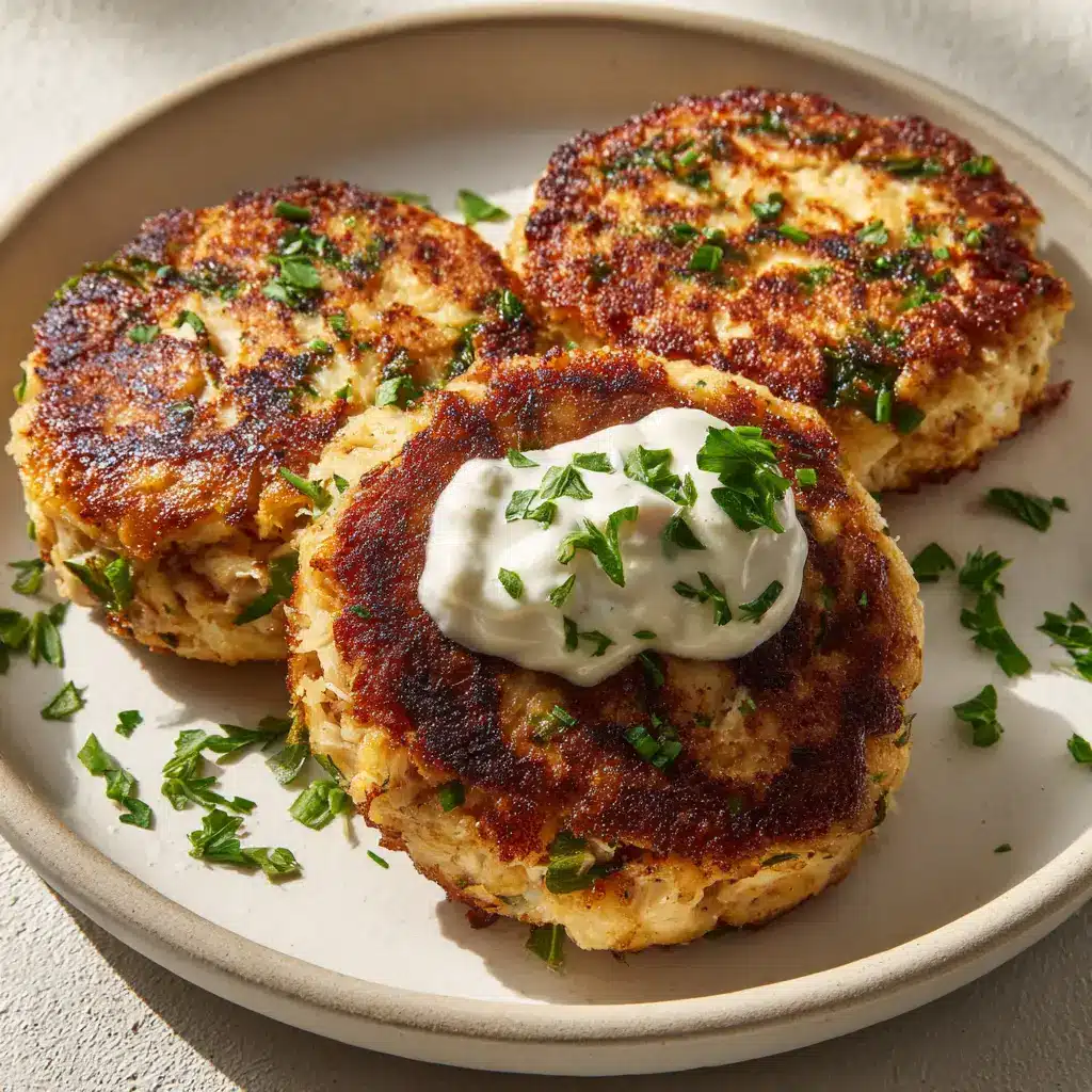 Top view of pan-seared tuna patties featuring tiny flecks of green scallions and melted white cottage cheese pockets.