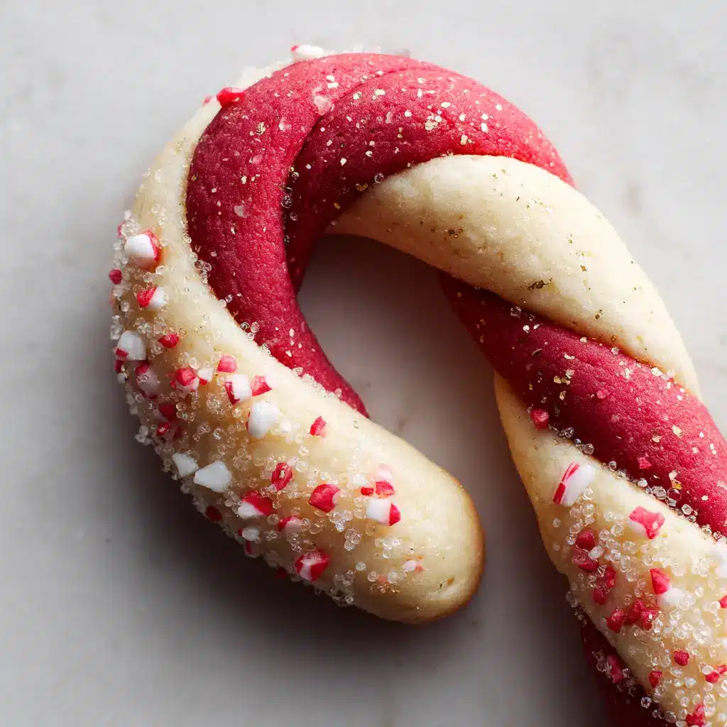 Macro shot of a baked candy cane cookie showing slightly porous texture and tiny sharp peppermint candy fragments.