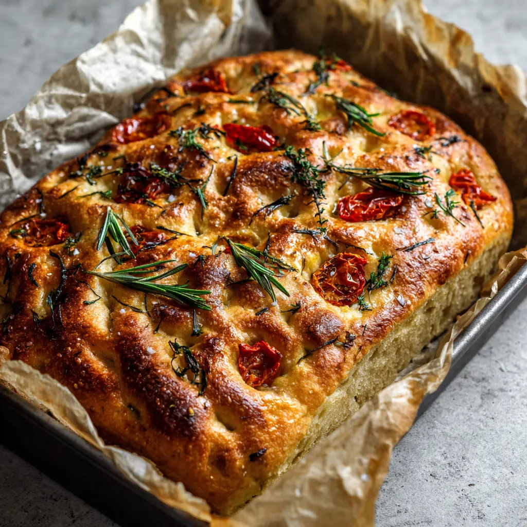 Close up of the dimpled pillowy dough of Sourdough Discard Focaccia showing pockets of soft roasted garlic and slightly charred edges.