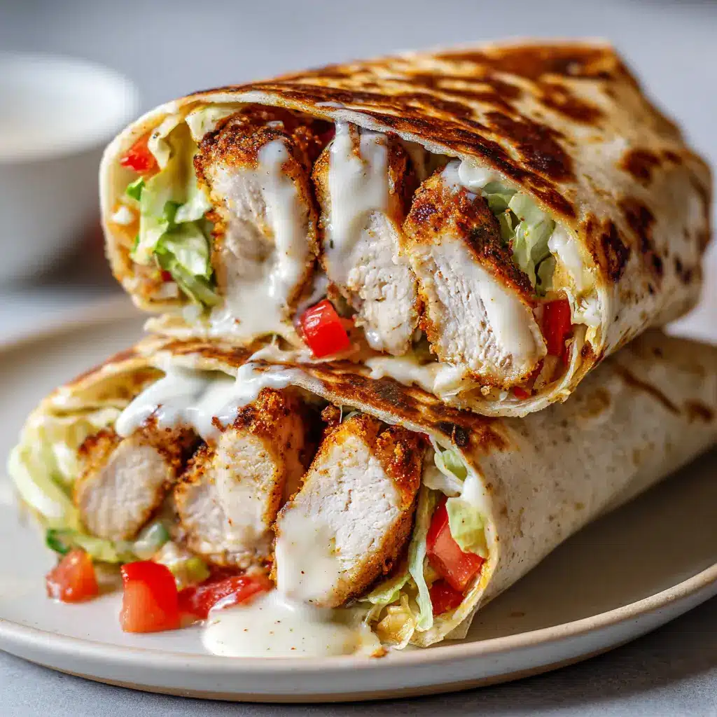 Halved toasted flour tortilla wrap displaying creamy white garlic sauce drizzled heavily over thick chicken breast slices and vibrant red roma tomatoes.