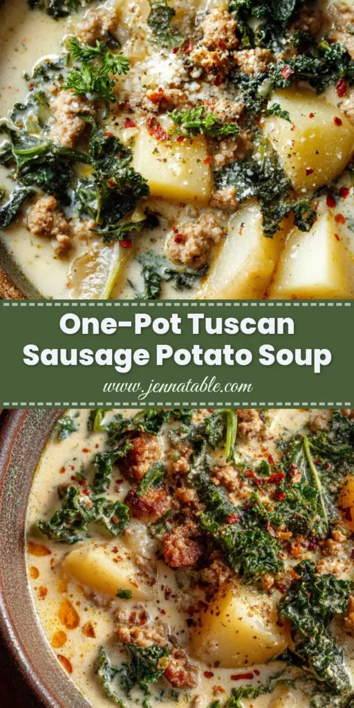 A rustic bowl of Tuscan Sausage and Potato Soup featuring creamy ivory broth, wilted kale ribbons, and browned Italian sausage.