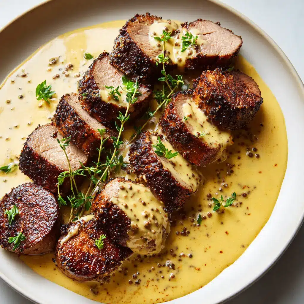 Overhead view of tender pork medallions resting on a white ceramic plate, blanketed in a rich cream sauce speckled with brown mustard seeds and fresh green herbs.