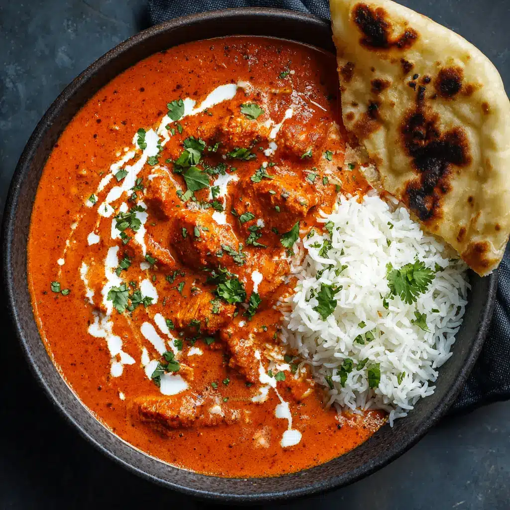 Golden-brown charred chicken chunks resting in a thick glossy butter chicken sauce garnished with a delicate semi-circle drizzle of heavy cream and freshly chopped cilantro.