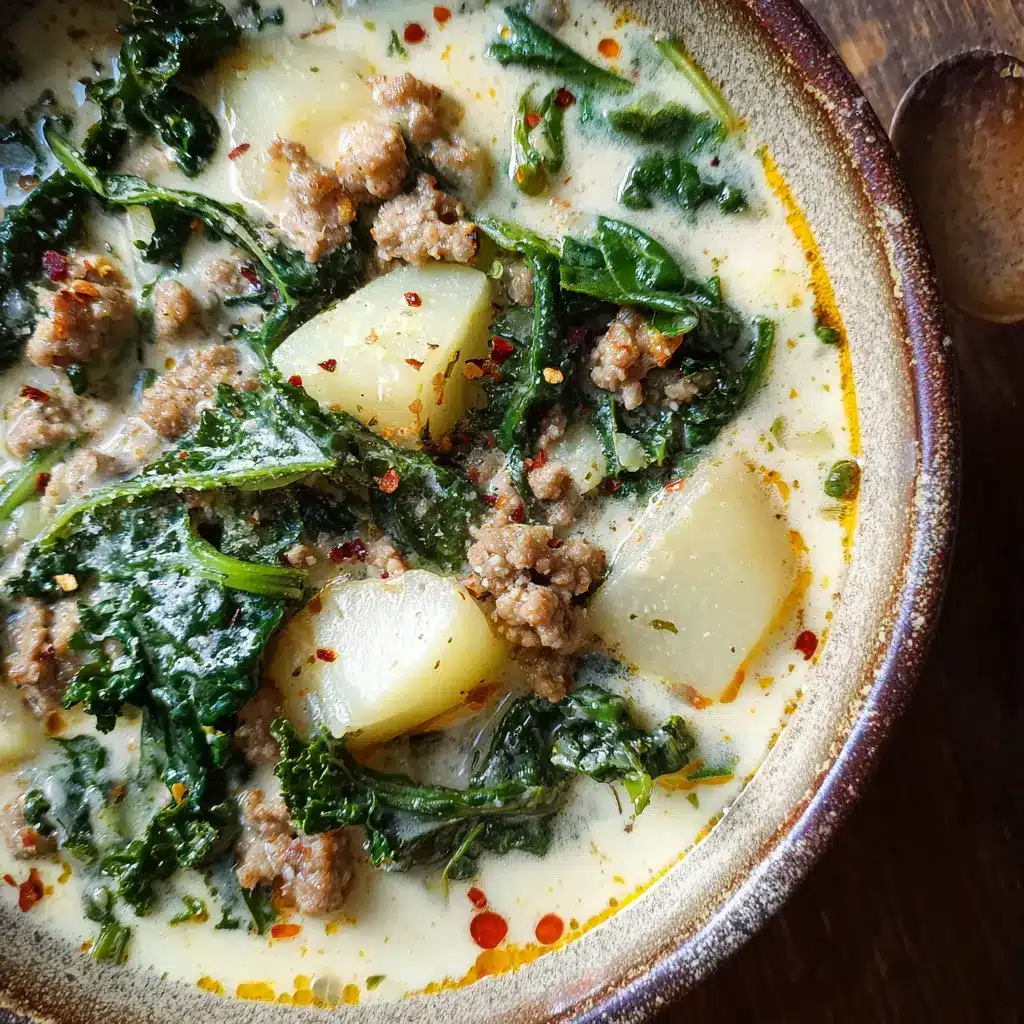 Thick rustic chunks of tender potatoes and heavily browned crumbles of ground Italian sausage submerged in a creamy soup base.