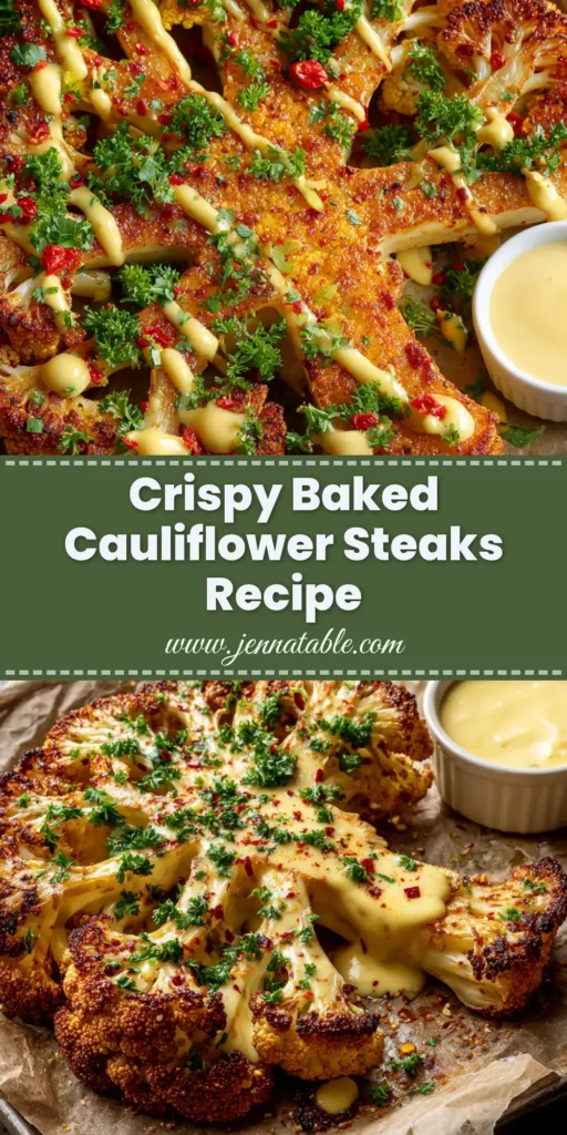 A thick Crispy Baked Cauliflower Steak on a dark metallic baking sheet, drizzled with pale yellow creamy garlic sauce and garnished with green parsley.