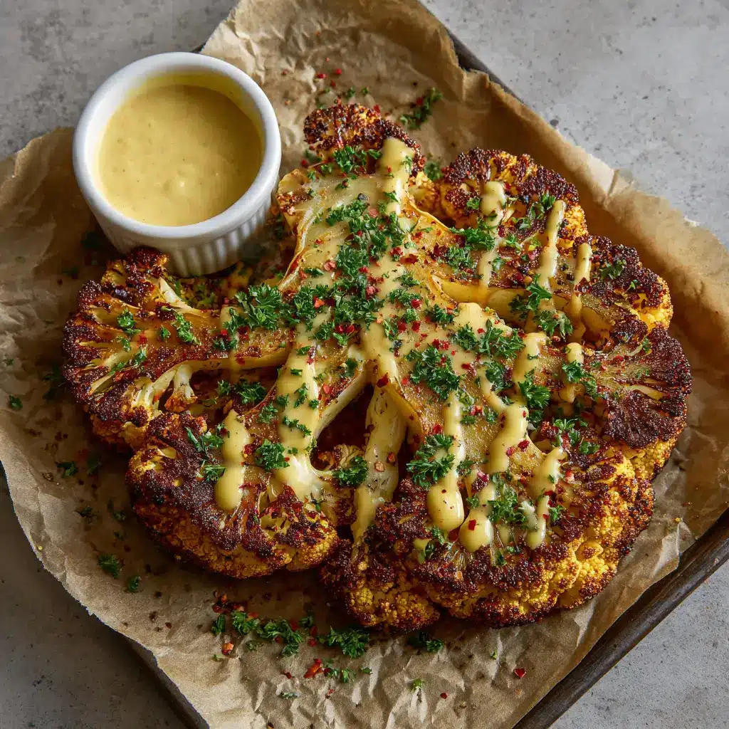 Crispy Baked Cauliflower Steaks resting on crinkled parchment paper, topped with fresh chopped green parsley and red pepper flakes.