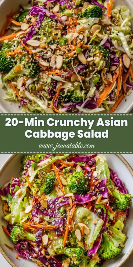 A beautiful wide ceramic bowl filled with Asian Cabbage Salad topped with toasted almonds, sesame seeds, and a glossy sesame-ginger dressing.